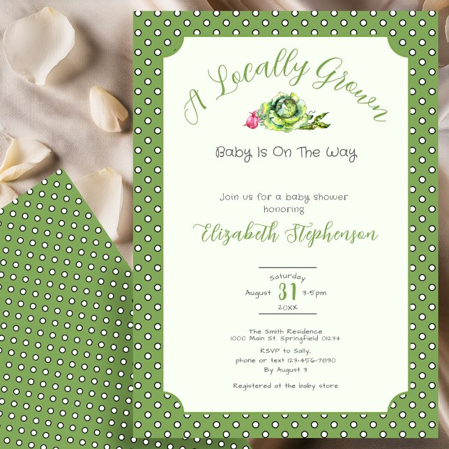 Sage Green Polka Dots Locally Grown Baby Shower Invitation (Creator Uploaded)