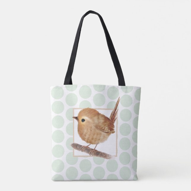 Sage Green Polkadot Puffy Wren Bird  Tote Bag (Back)