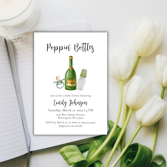 Sage Green Poppin Bottles Champagne Baby Shower  Invitation (Sage Green Poppin Bottles Champagne Baby Shower Invitation)