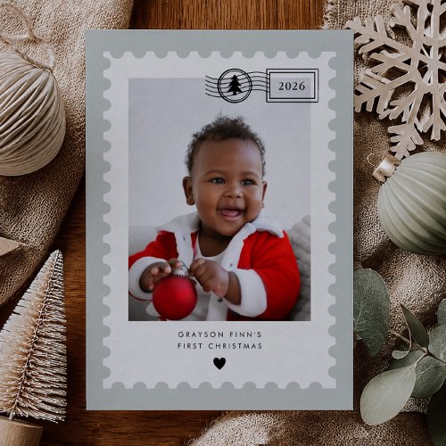 Sage Green Postage Stamp Baby's 1st Christmas Holiday Card