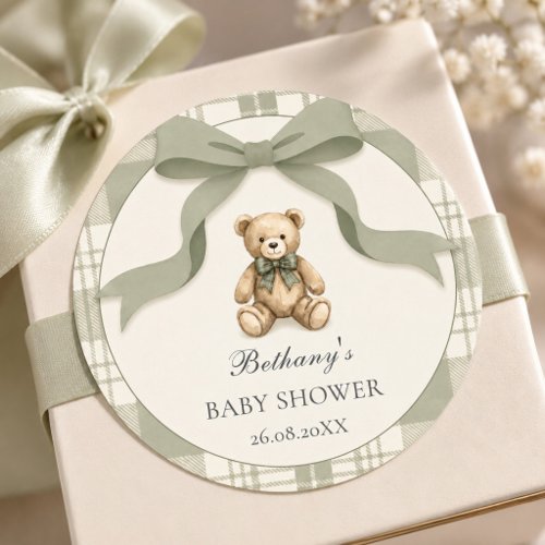 Sage Green Preppy Gingham Teddy Bear Baby Shower Classic Round Sticker