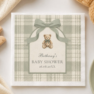 Sage Green Preppy Gingham Teddy Bear Baby Shower Napkins