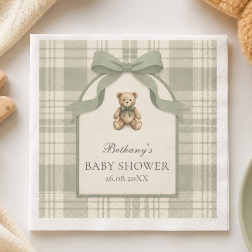 Sage Green Preppy Gingham Teddy Bear Baby Shower Napkins