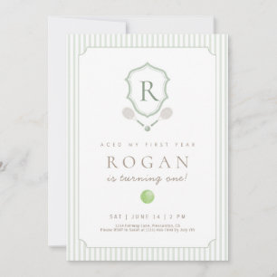 Sage Green Preppy Tennis Crest 1st Birthday Invitation