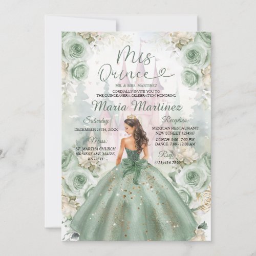 Sage Green Princess and Castle Floral Mis Quince Invitation