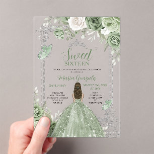Sage Green Princess Butterfly Silver Sweet Sixteen Acrylic Invitations