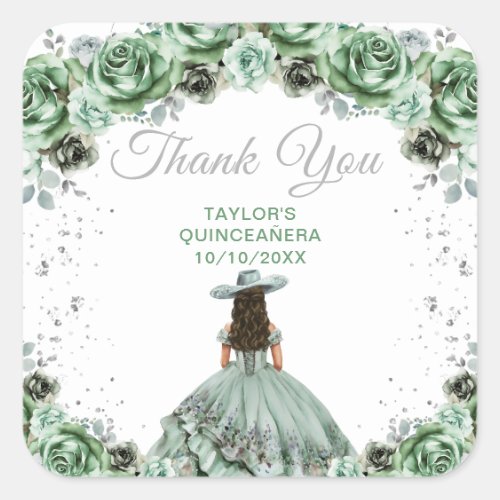 Sage Green Princess Charro Quinceaera Thank You Square Sticker