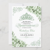 Chic Sage Green Baby Pink Floral Gold Quinceañera Invitation