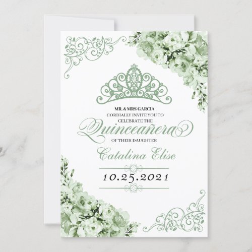 Sage Green Princess Crown Quinceanera Birthday Invitation