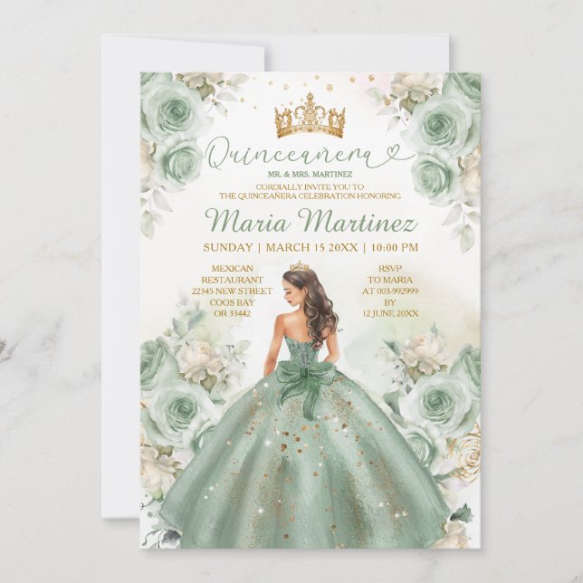 Sage Green Princess Dress Floral Gold Quinceañera Invitation (Front)