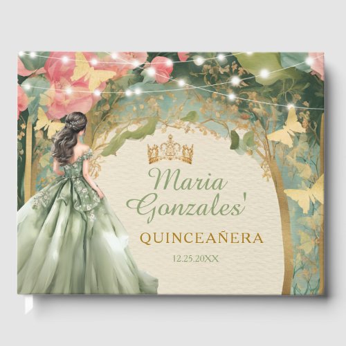 Sage Green Princess Dress Gold Forest Mis Quince Guest Book