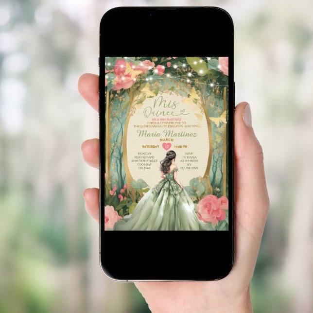 Sage Green Princess Dress Gold Forest Mis Quince Invitation (Front Digital)