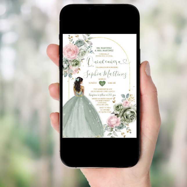 Sage Green Princess Dress Pink Floral Quiñceanera Invitation (Front Digital)
