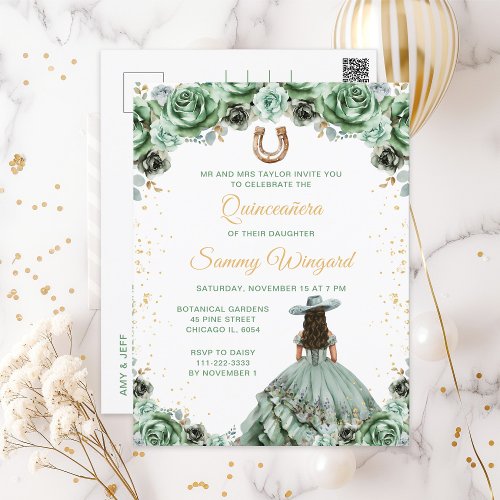 Sage Green Princess Floral Charro Quinceaera Postcard