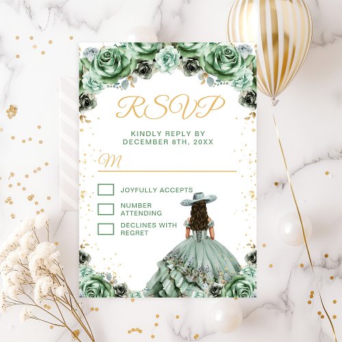 Sage Green Princess Floral Charro Quinceaera RSVP Card