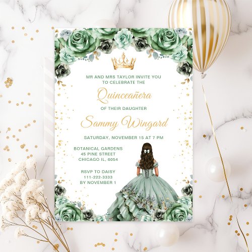 Sage Green Princess Floral Quinceaera Invitation