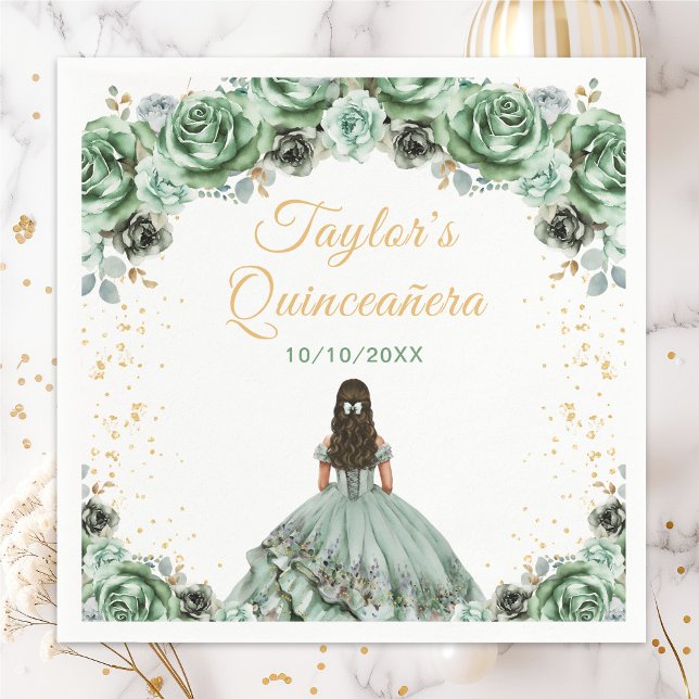 Sage Green Princess Floral Quinceañera Napkins (Creator Uploaded)