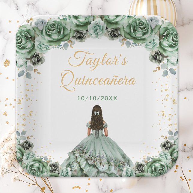 Sage Green Princess Floral Quinceañera Paper Plates (Creator Uploaded)