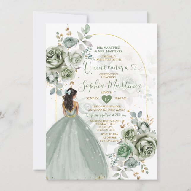 Sage Green Princess Florals Gold Crown Quiñceanera Invitation (Front)