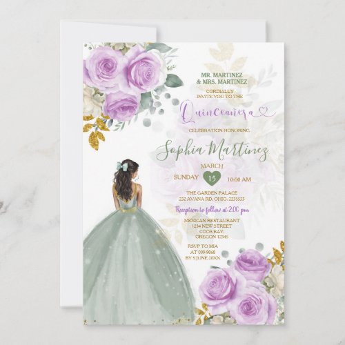 Sage Green Princess Purple Floral Gold Quiceanera Invitation