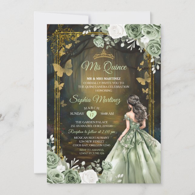 Sage Green Princess Quinceañera Invitation  (Front)