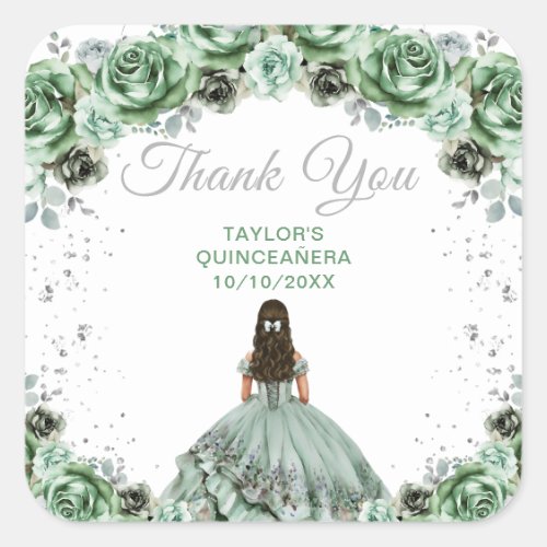 Sage Green Princess Quinceaera Thank You Square Sticker