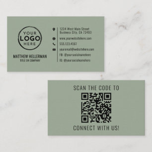 Sage Green Professional Minimalist QR Code Logo Business Card