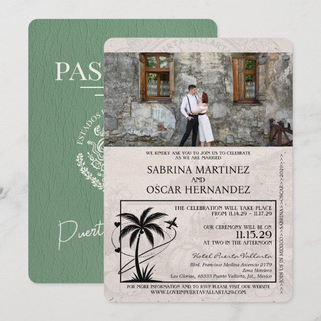 Sage Green Puerta Vallarta Passport Wedding Invitation (Front/Back)