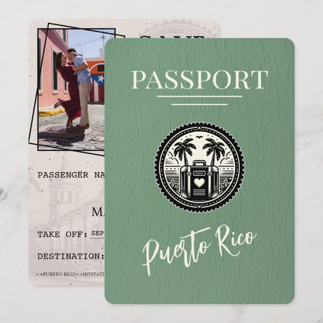 Sage Green Puerto Rico Passport Save The Date (Front/Back)