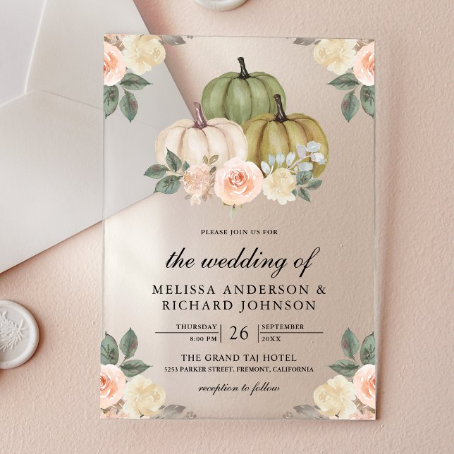 Sage Green Pumpkin and Dusty Peach Floral Wedding Acrylic Invitations (Creator Uploaded)
