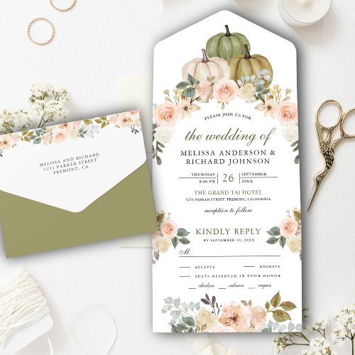 Sage Green Pumpkin and Dusty Peach Floral Wedding All In One Invitation