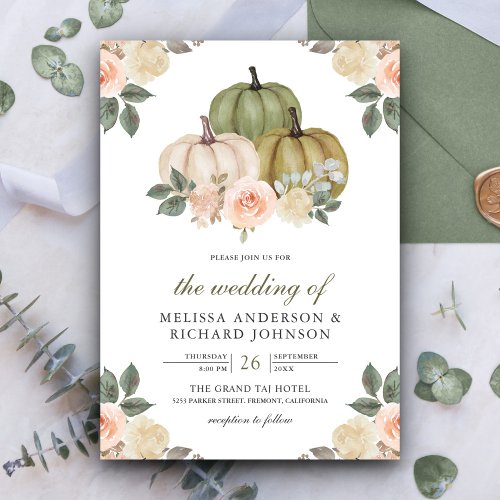 Sage Green Pumpkin and Dusty Peach Floral Wedding Invitation