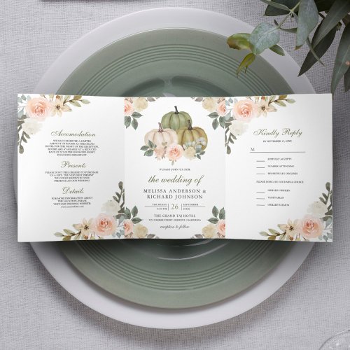 Sage Green Pumpkin and Dusty Peach Floral Wedding Tri_Fold Invitation