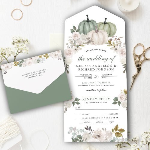 Sage Green Pumpkin and White Floral Wedding All In One Invitation