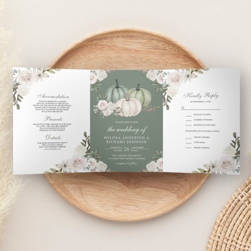 Sage Green Pumpkin and White Floral Wedding Tri_Fold Invitation