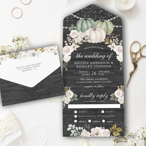 Sage Green Pumpkin and White Floral Wood Wedding All In One Invitation