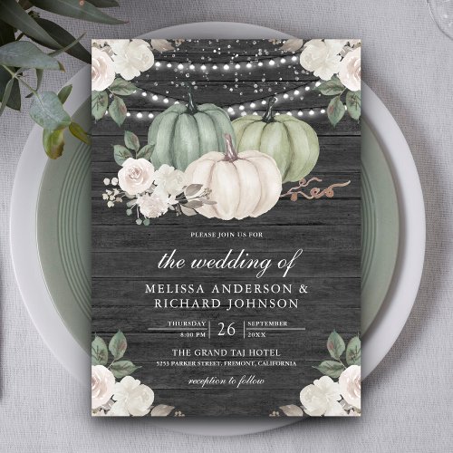Sage Green Pumpkin and White Floral Wood Wedding Invitation