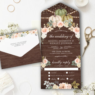 Sage Green Pumpkin Dusty Peach Floral Wood Wedding All In One Invitation
