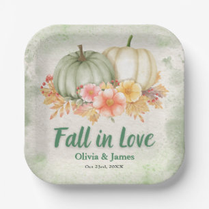Sage Green Pumpkin Fall in Love Wedding Paper Plates