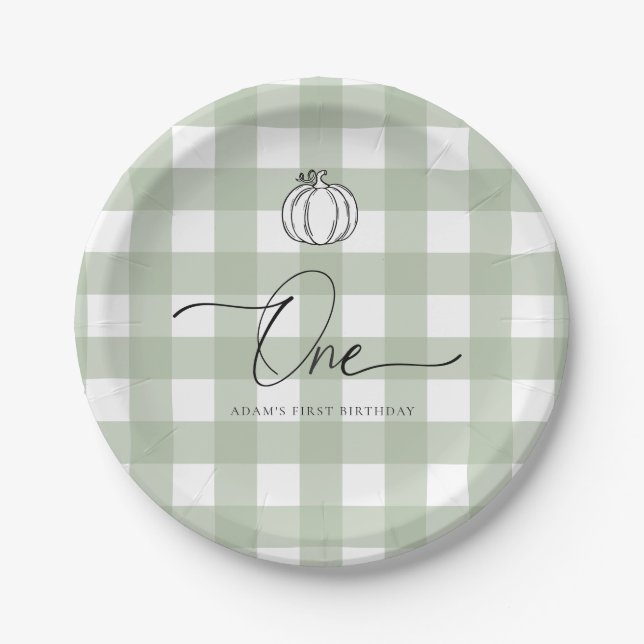 Sage Green Pumpkin First Birthday Paper Plates (Front)