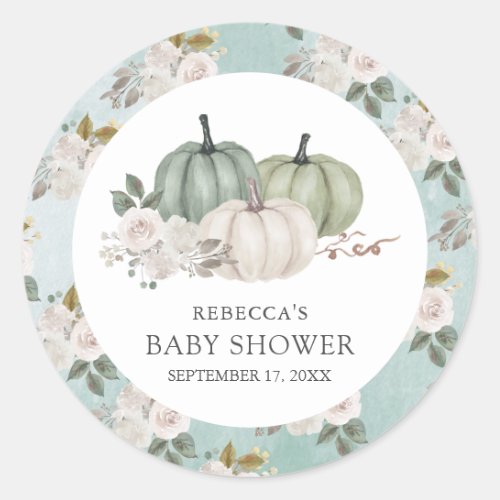 Sage Green Pumpkin Floral Fall Baby Shower Classic Round Sticker