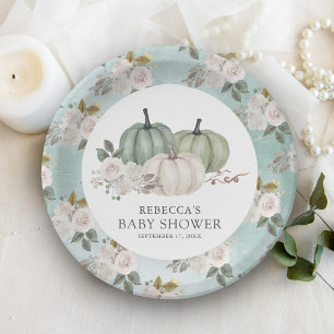 Sage Green Pumpkin Floral Fall Baby Shower Paper Plates