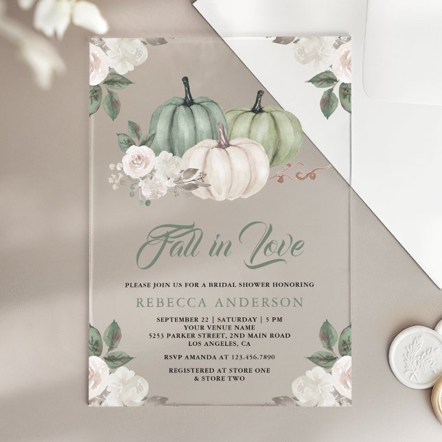 Sage Green Pumpkin Floral Fall Bridal Shower Acrylic Invitations (Creator Uploaded)