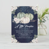 Sage Green Pumpkin Floral Fall Navy Baby Shower Invitation (Standing Front)