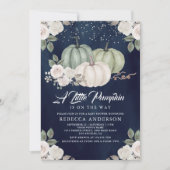 Sage Green Pumpkin Floral Fall Navy Baby Shower Invitation (Front)
