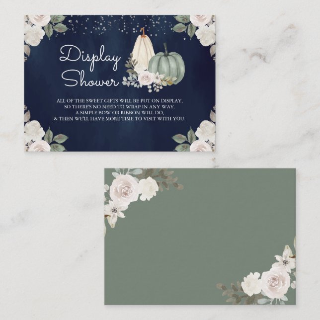 Sage Green Pumpkin Floral Fall Navy Display Shower Enclosure Card (Front/Back)