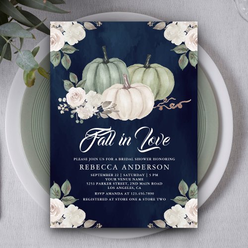 Sage Green Pumpkin Floral Navy Blue Bridal Shower Invitation