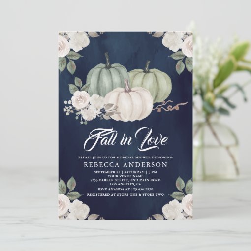 Sage Green Pumpkin Floral Navy Blue Bridal Shower Invitation | Zazzle