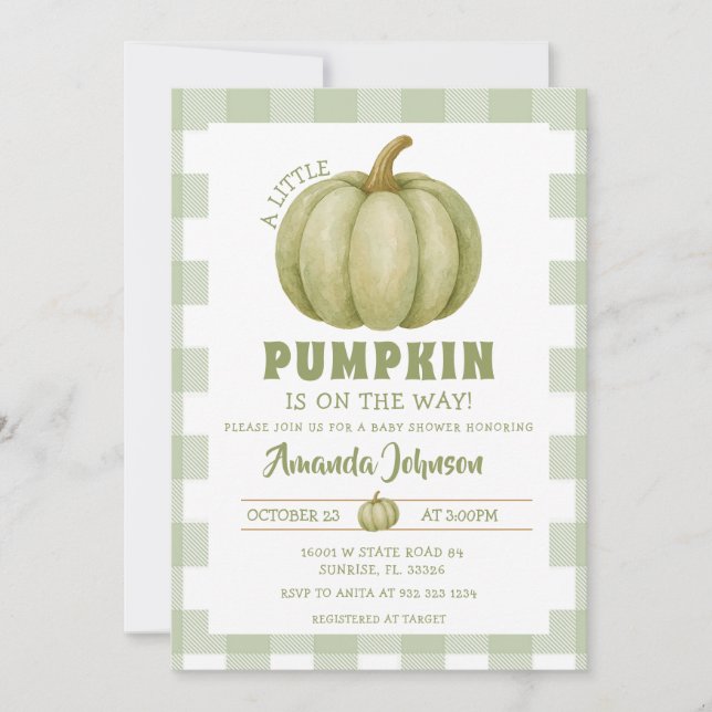 Sage Green Pumpkin is on the way Baby Shower Invitation (Front)