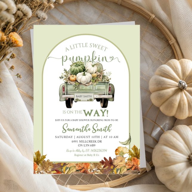Sage Green Pumpkin Leaves Truck Baby Shower Invitation (Creator Uploaded)